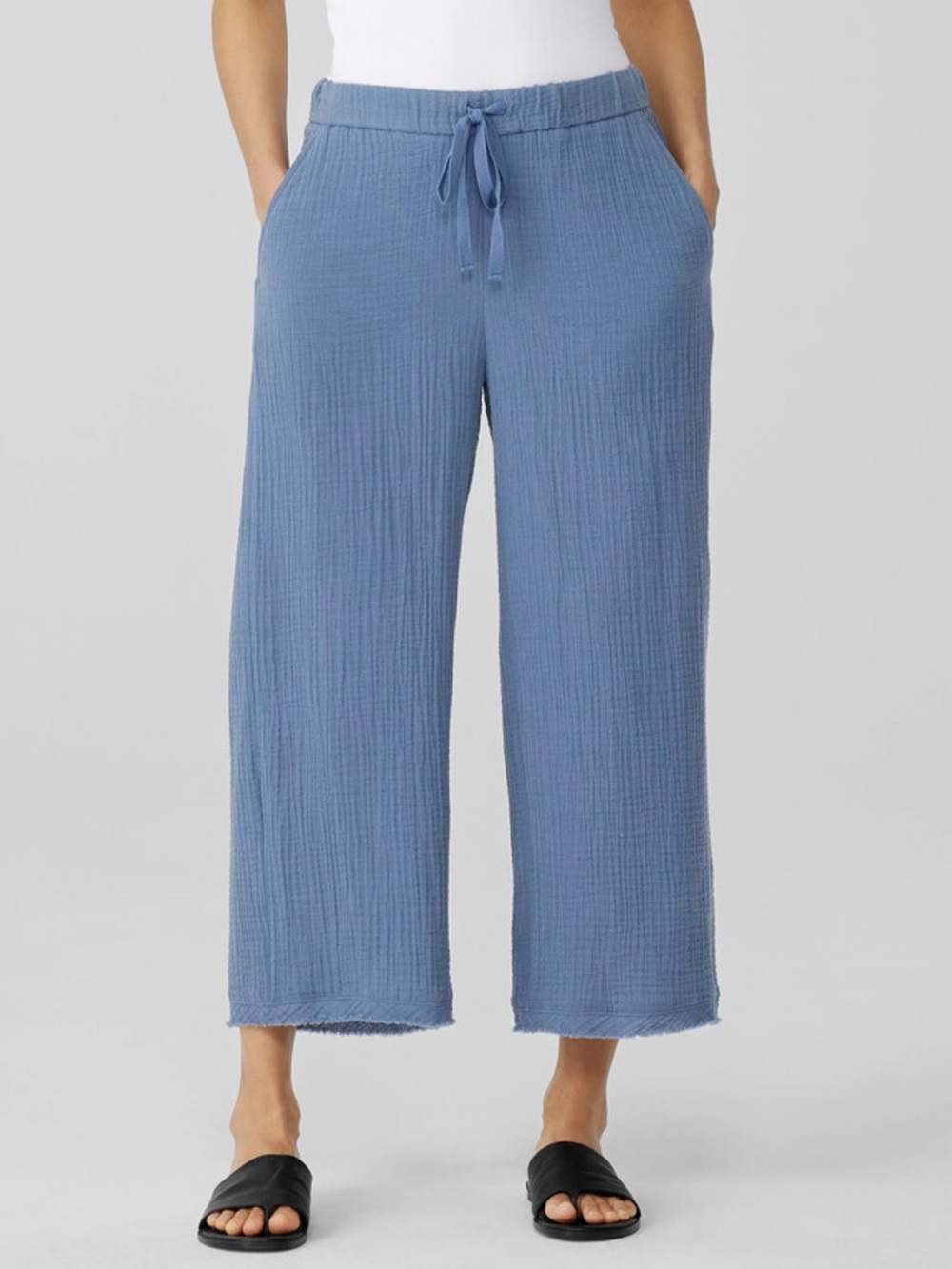 Eileen Fisher Organic Cotton Gauze Wide-Leg Cropped Pants Raw Hem Dusk Sz M